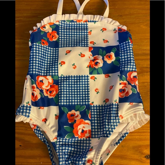 Gymboree Other - Gymboree Infant One Piece Swimsuit Blue Gingham Ruffle White Rose 3-6 Months